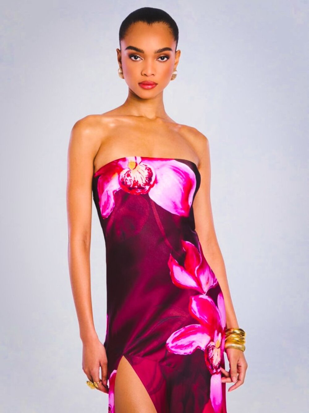 RETROFETE Aiyanna Orchid Ombre Silk Strapless High-Slit Evening Gown NWT Size S